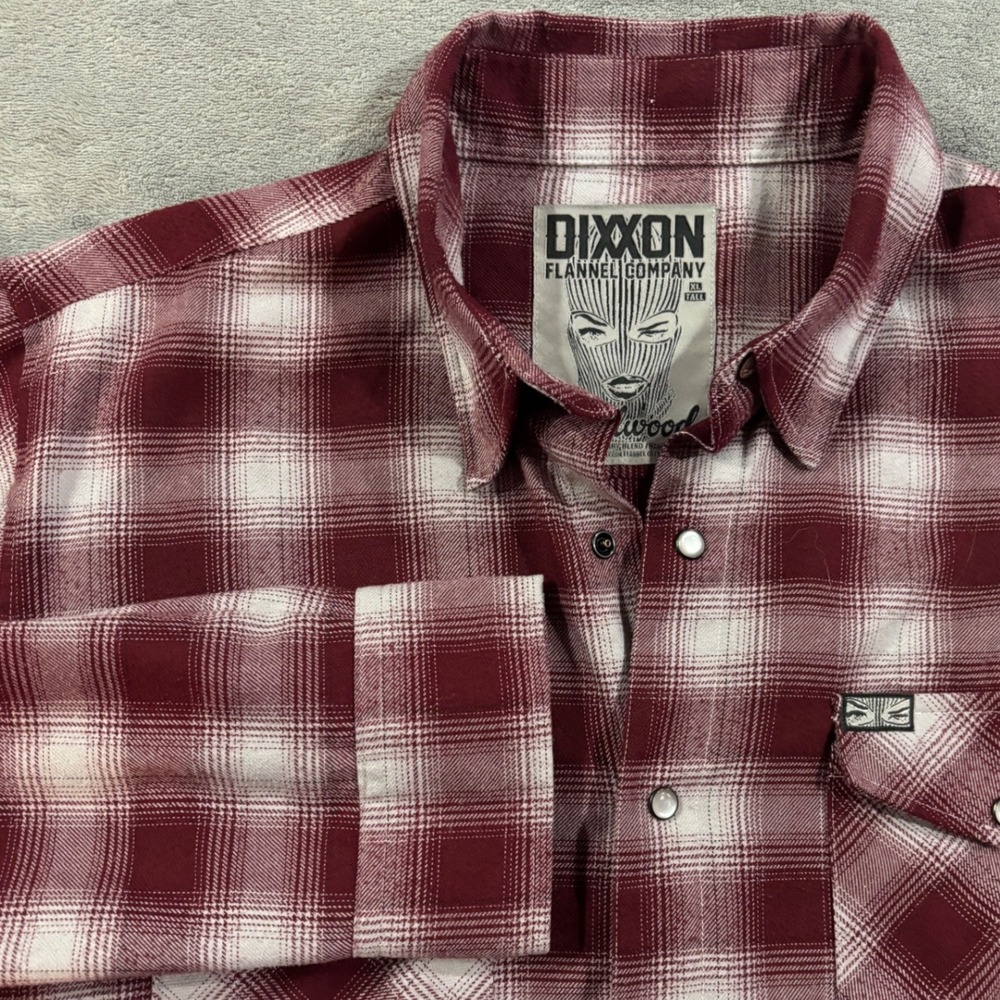 Dixxon Flannel Co Badwood Maroon White Plaid Snap Front Shirt XL Tall Mens